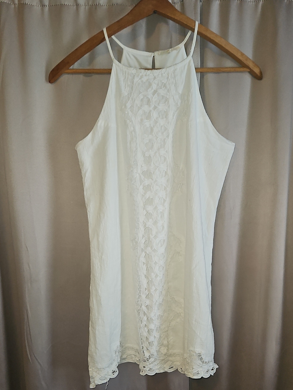 Cottagecore Dainty entro Stretchy White Lace-Panel Halter Mini Dress Small